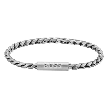 Ανδρικό βραχιόλι Boss 1580695 με ασημί μπρασελέ και ασημί στοιχείο κυλινδρικό στοιχείο, κατασκευασμένο από ανοξείδωτο ατσάλι.